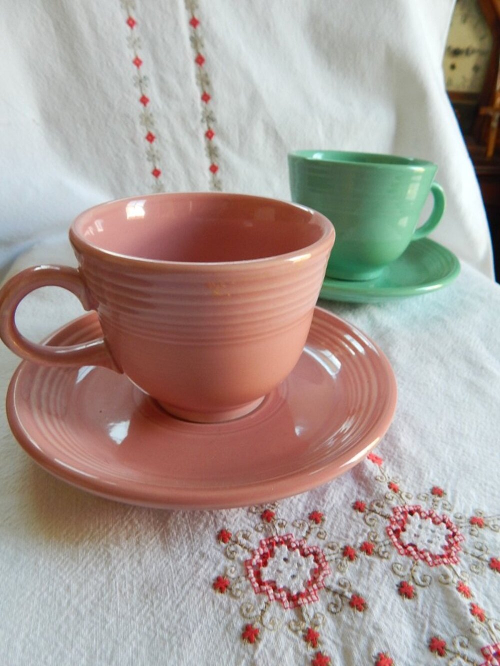 Set of Fiesta Cup and Saucer - Pink and Green